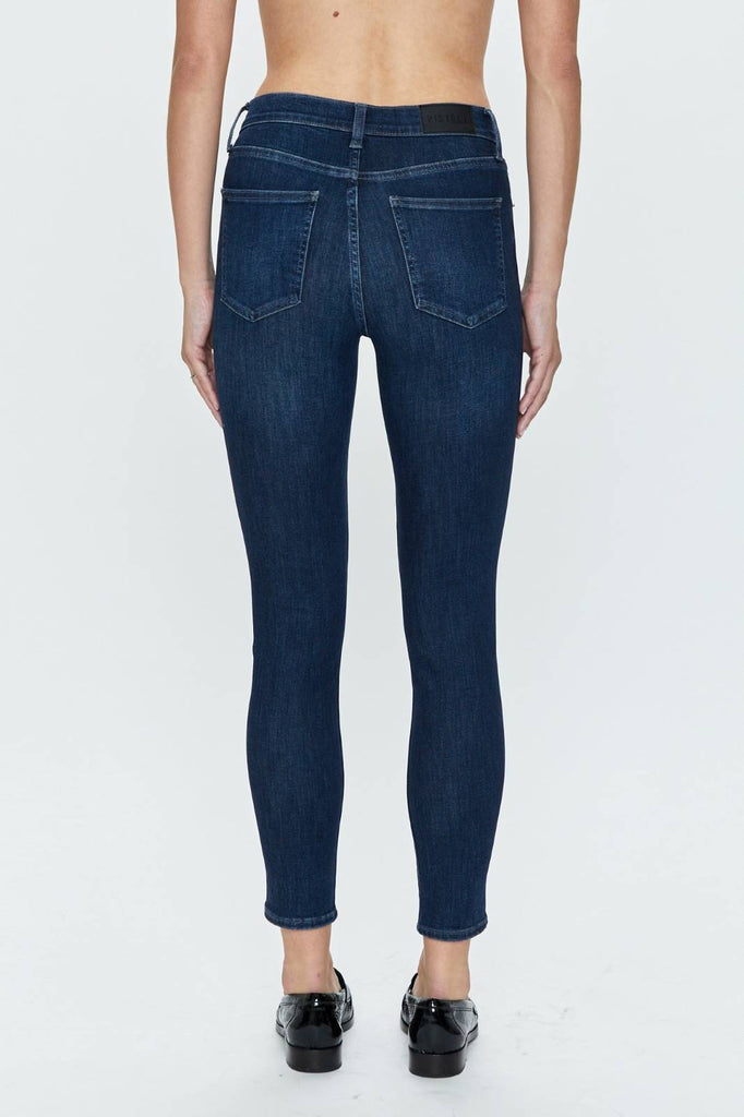 mid rise, dark wash denim