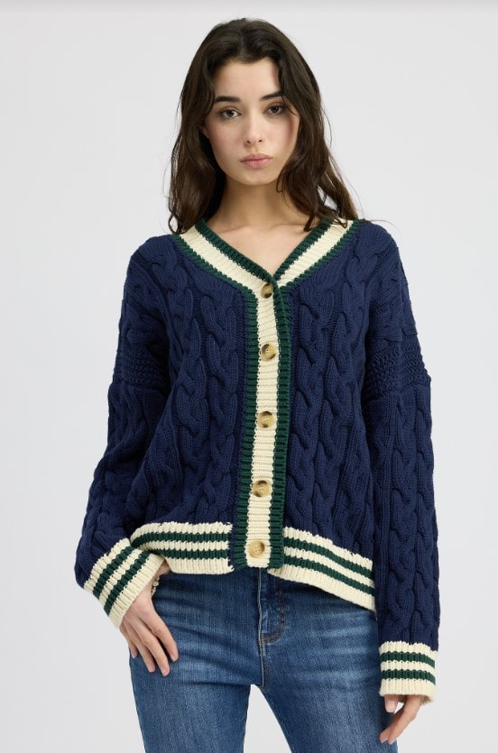 blue and green cable knit sweater