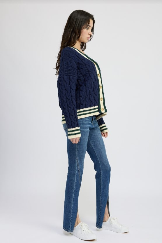 blue and green cable knit cardigan