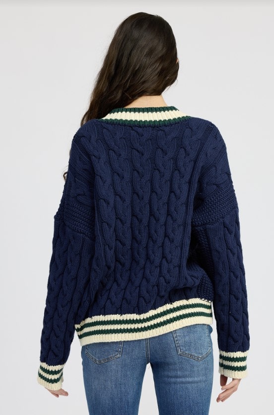 blue and green cable knit cardigan