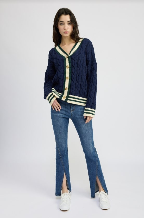 blue and green cable knit cardigan